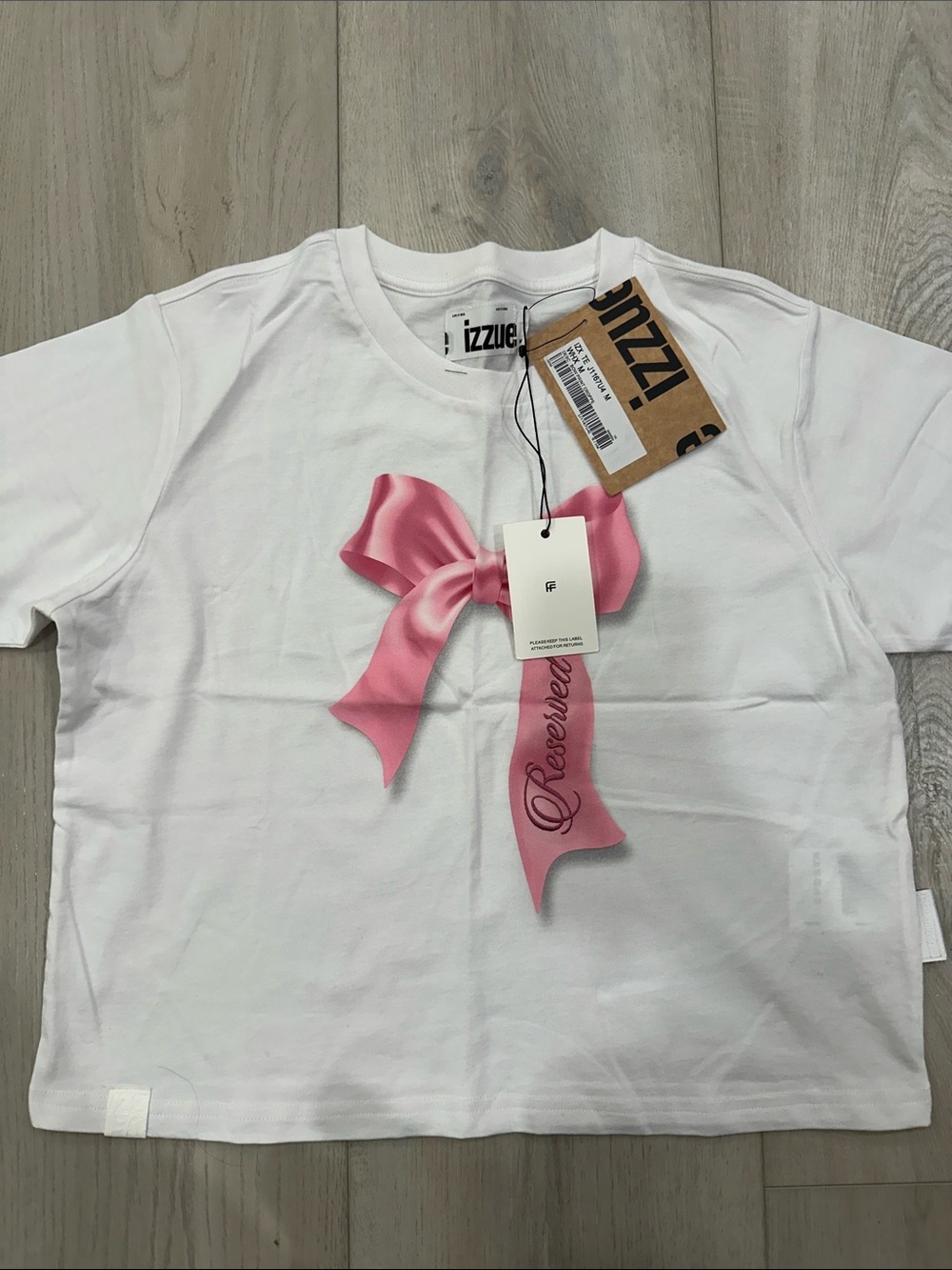Izzue White Pink Bow Graphic Baby Tee Coquette Y2K